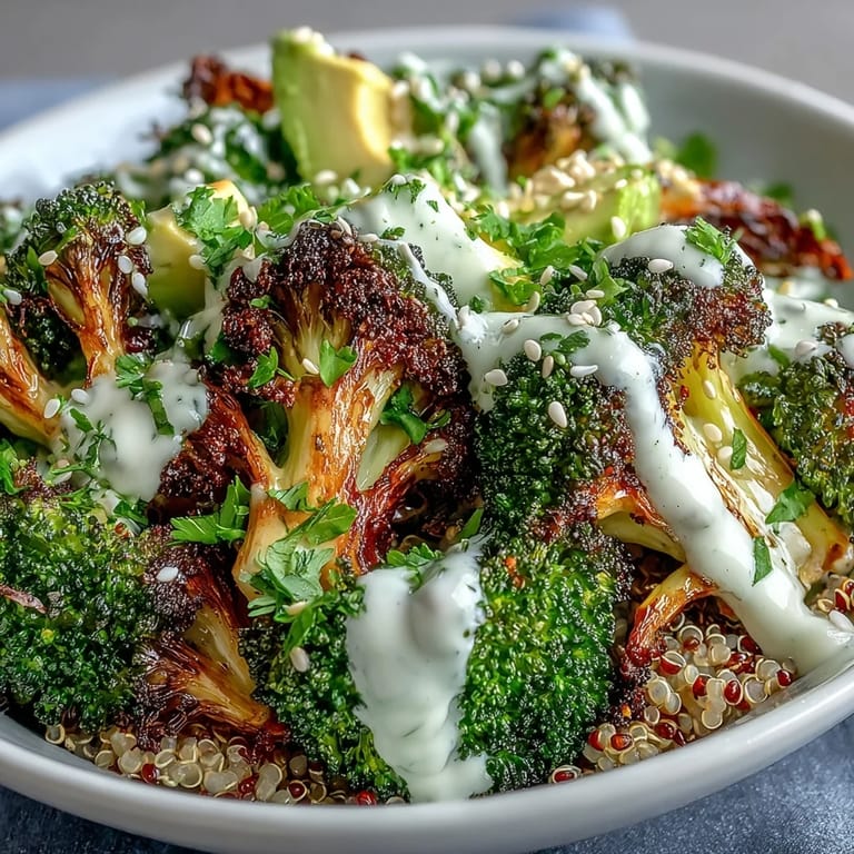 A finished Roasted Broccoli Bowl drizzled with creamy tahini sauce and garnished with fresh parsley and avocado. 
