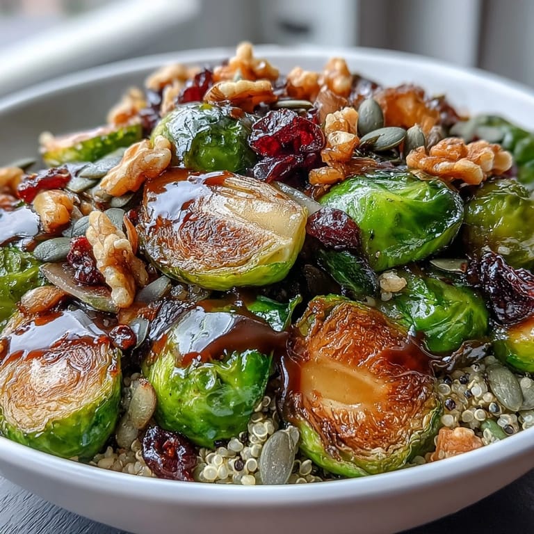 Caramelized Brussels sprouts and red onion over grains, drizzled with tangy balsamic dressing and garnished with pumpkin seeds.