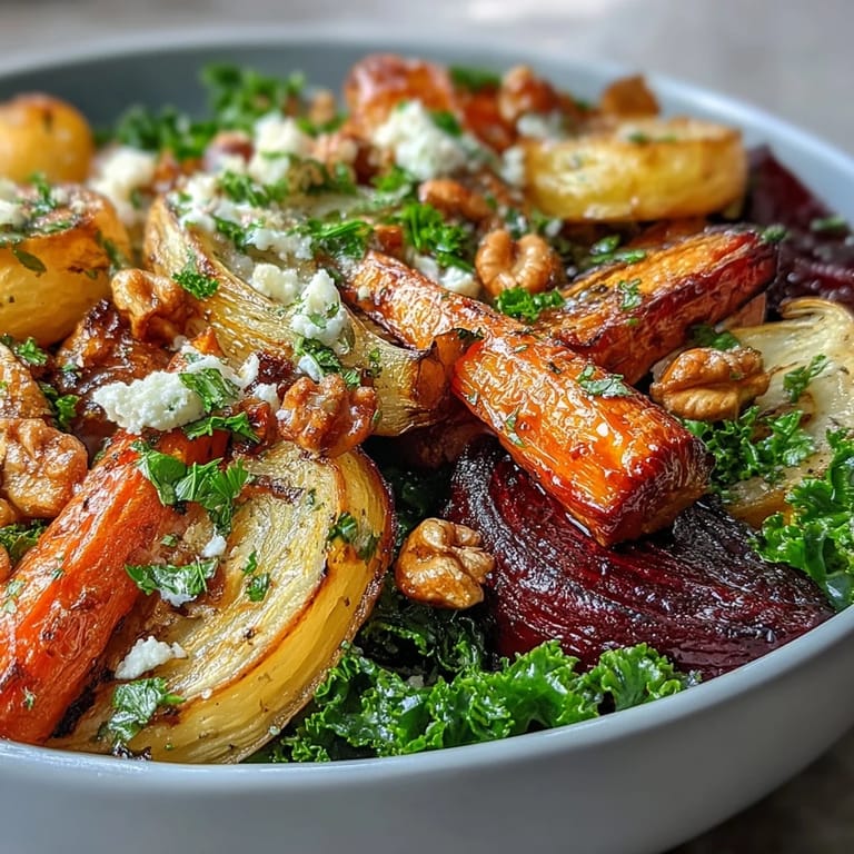 Warm tangy dressing drizzled over a Winter Root Vegetable Bowl garnished with pumpkin seeds and feta.