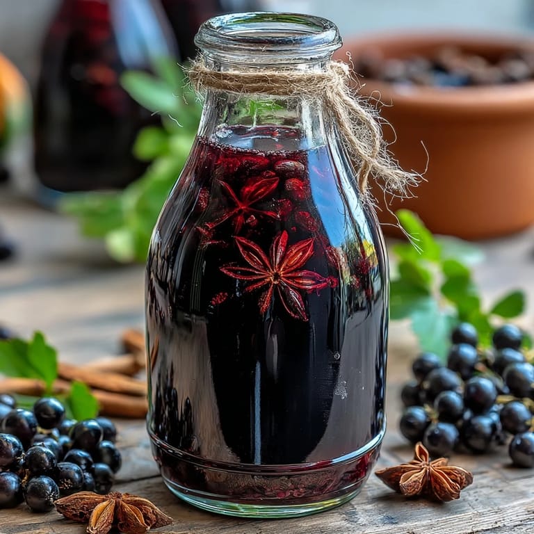 Close up of Homemade Spiced Blackcurrant Vodka Liqueur being poured over ice into a crystal tumbler, garnished with a cinnamon stick.