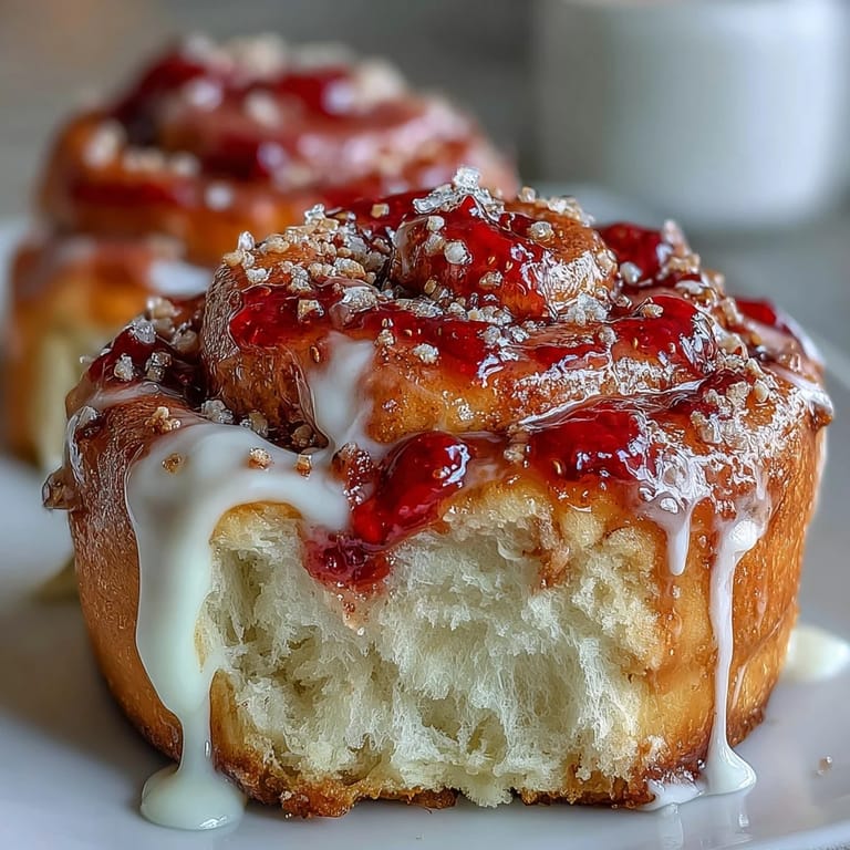 Golden-brown Strawberry Cinnamon Rolls topped with swirls of tangy glaze served warm for breakfast.