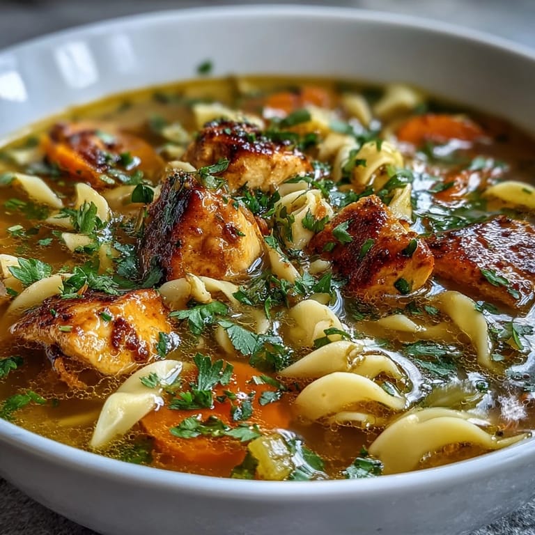 Ladle scooping creamy Ginger Turmeric Chicken Soup with coconut milk, steam rising from the golden-hued broth.