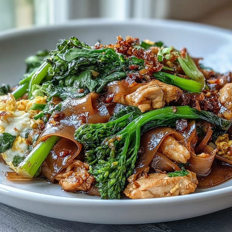 Close-up of Authentic Thai Pad See Ew showing tender chicken strips, glossy dark soy sauce coating wide noodles, and vibrant gai lan stems.