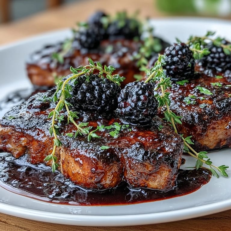 Four seared Bourbon Blackberry Pork Chops resting in a rich, glossy sauce on a rustic plate.