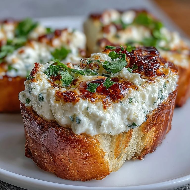 Warmly baked Hot Honey Ricotta Garlic Bread served as a golden appetizer, perfect for a cozy dinner party platter.