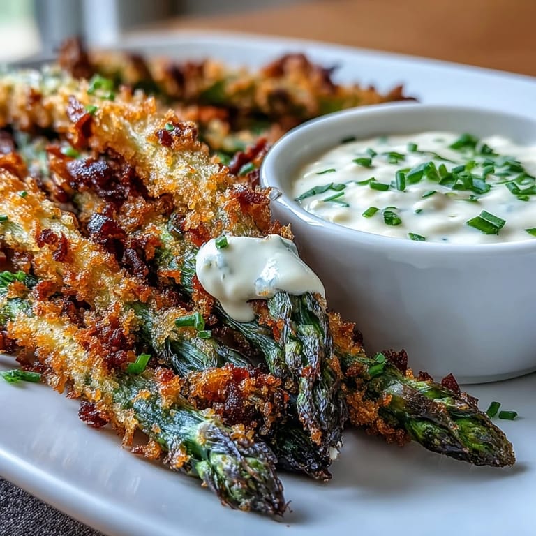 Sizzling Crispy Chili-Garlic Asparagus Fries sit beside creamy sriracha mayo, garnished with fresh parsley on a napkin.