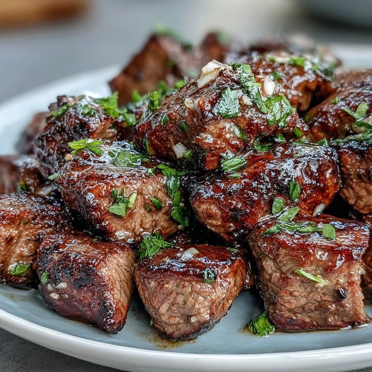 Sizzling Keto Lemon Garlic Butter Steak Bites tossed in herb butter alongside tender-crisp Brussels sprouts. 