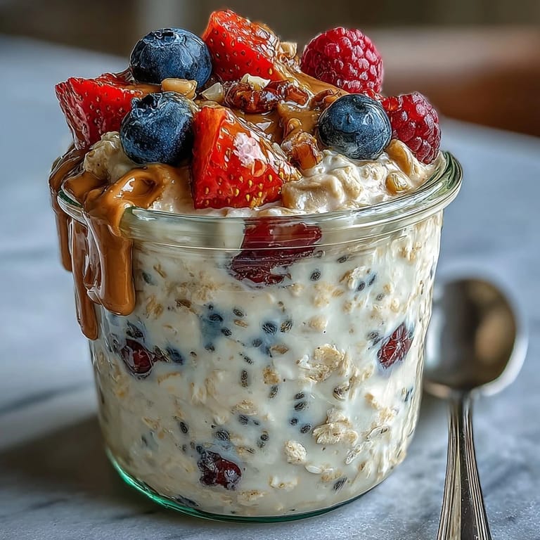 Chilled breakfast jar of Clean Eating Berry Overnight Oats with Almond Butter Swirl and a creamy almond finish.