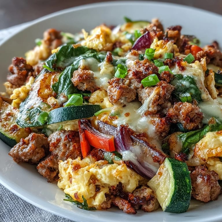 Overhead view of a Keto Sausage and Veggie Breakfast Scramble served on a white plate, garnished with fresh avocado slices and a side of tomatoes.