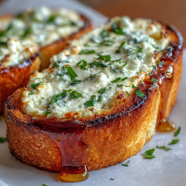 Warmly baked Hot Honey Ricotta Garlic Bread served as a golden appetizer, perfect for a cozy dinner party platter.