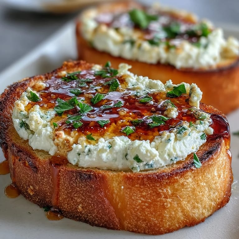 Freshly baked baguette loaded with savory garlic ricotta and a bold drizzle of spicy hot honey, ready to serve.