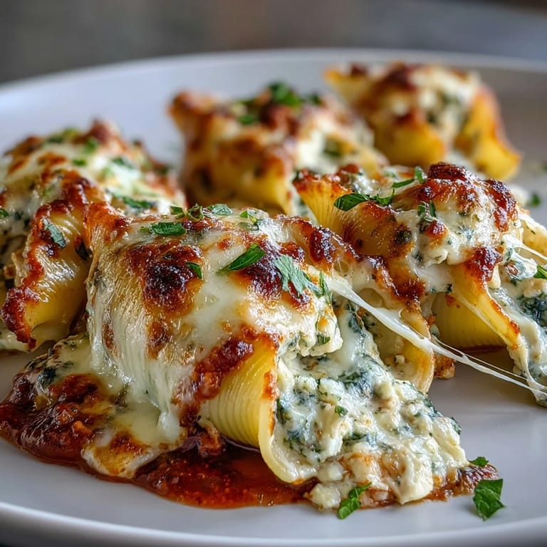 Jumbo pasta shells filled with creamy pesto chicken and Greek yogurt, arranged in a baking dish.