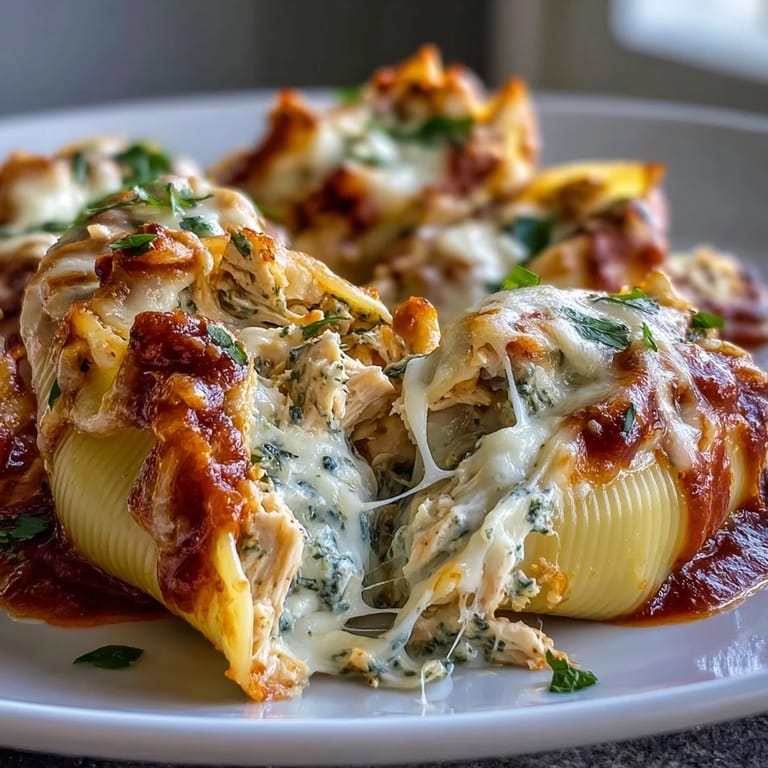 Close-up of Pesto Chicken Stuffed Shells Lite garnished with fresh basil and melted mozzarella, a comforting Italian dinner.