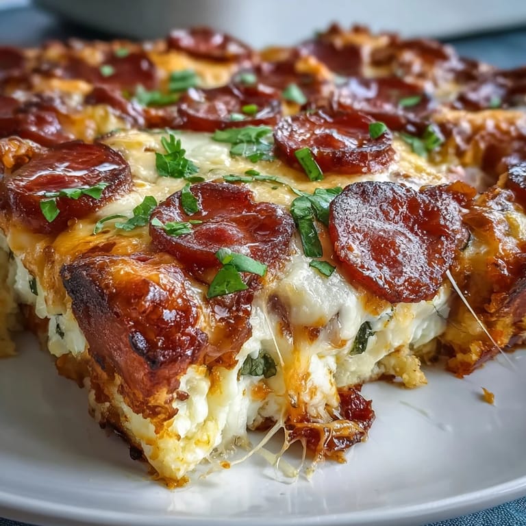 Golden High-Protein Pizza Breakfast Casserole slice served warm with fresh parsley garnish, perfect for a savory, protein-packed start to your morning.