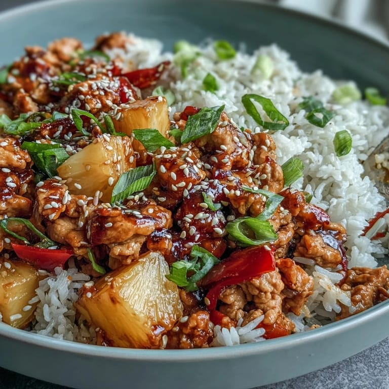 Steaming Sweet-and-Sour Turkey Rice Skillet served in a skillet, garnished with scallions and sesame seeds, perfect for a weeknight dinner.