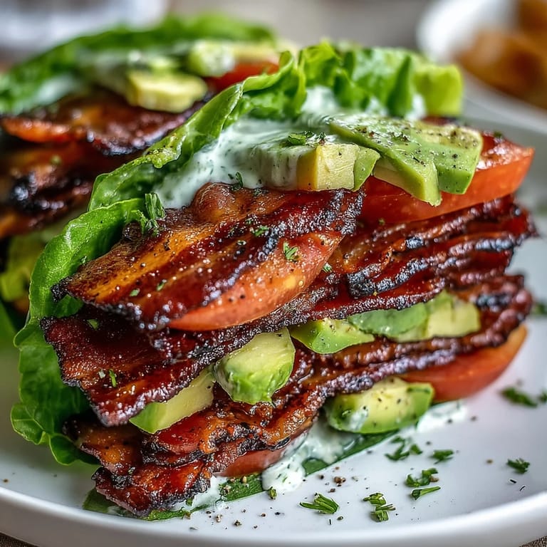 Keto BLT lettuce wraps bursting with smoky bacon, ripe avocado, and tangy garlic mayo, finished with a crack of black pepper.