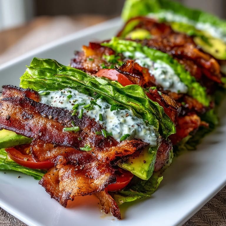 Low-carb BLT lettuce wraps layered with crunchy lettuce, savory bacon, and rich garlic mayo, garnished with freshly cracked pepper.