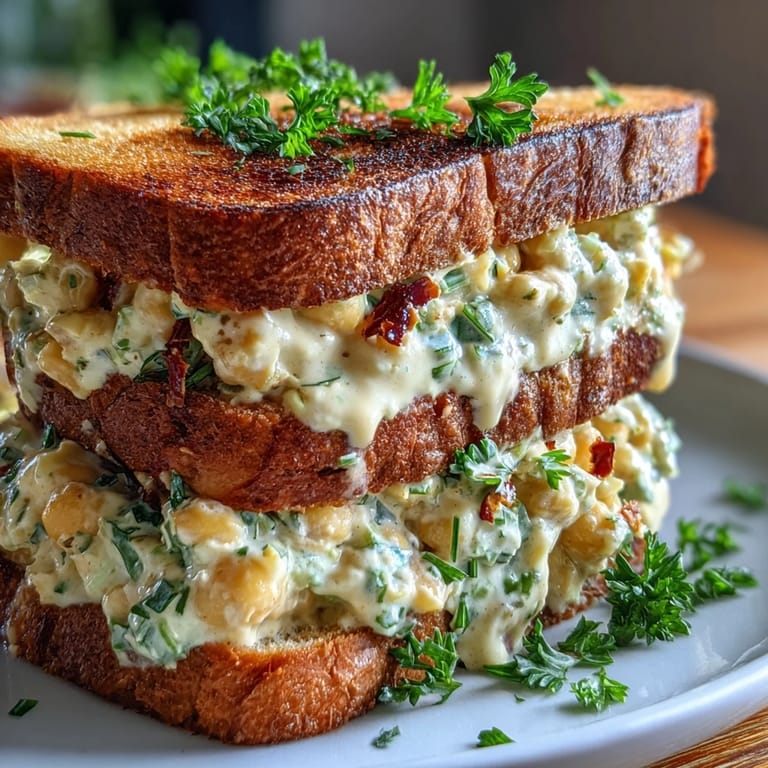 Hearty chickpea salad sandwich with mashed chickpeas, vegan mayo, and fresh herbs, ideal for a dairy-free meal prep option.