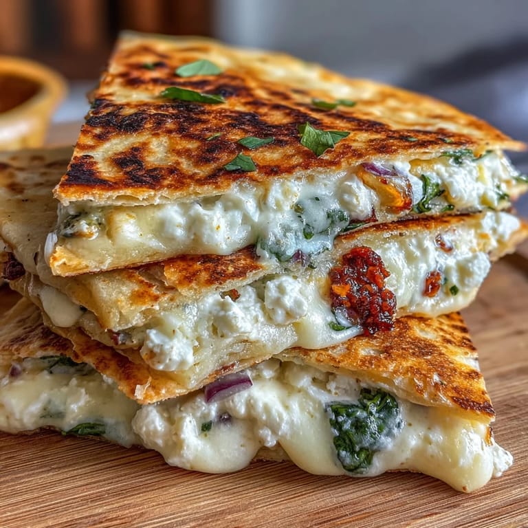 Golden quesadilla stuffed with spinach, red onion, and feta cheese, garnished with fresh herbs for a Mediterranean twist.  