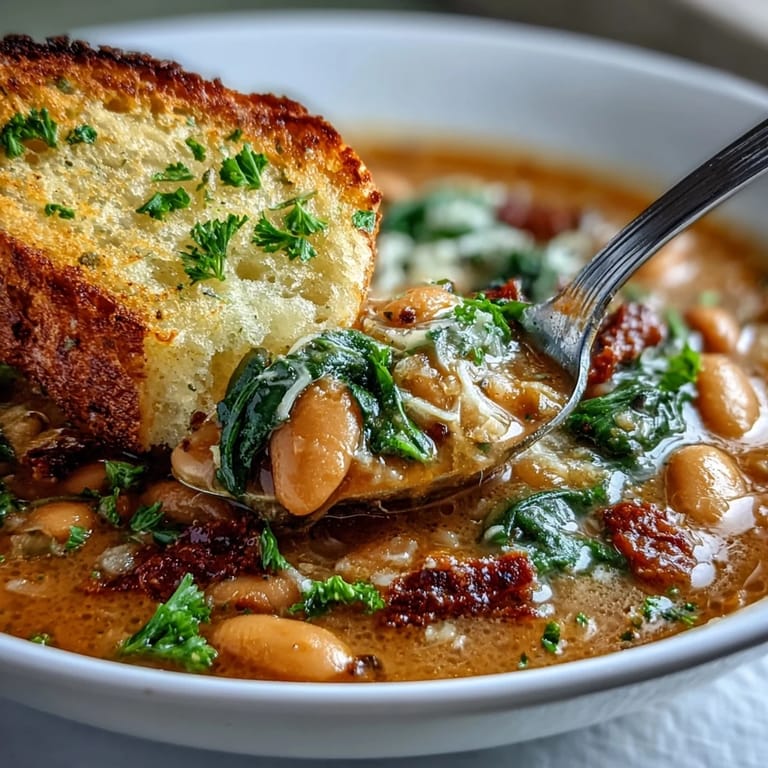 Rustic Italian white bean soup loaded with spinach and tomatoes, accompanied by warm, toasted garlic bread with fresh parsley.