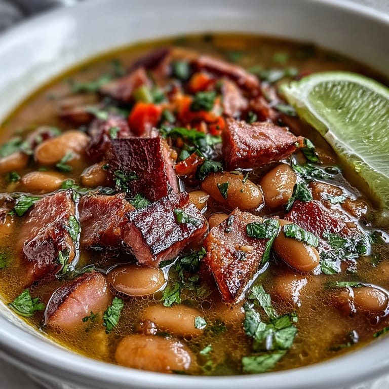 Rich and comforting ham and pinto bean soup simmered with smoked paprika, cumin, and vegetables for a satisfying meal.