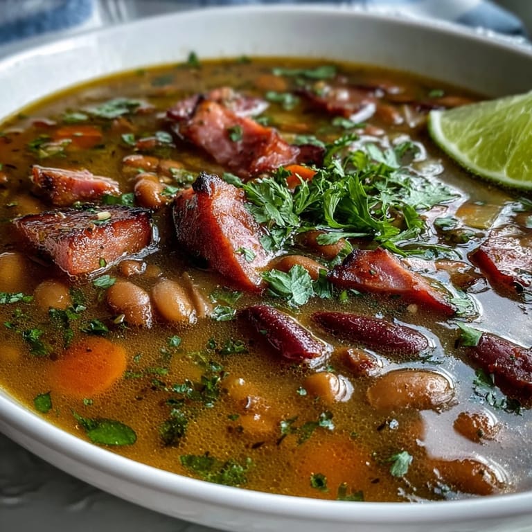 Warm Tex-Mex ham and pinto bean soup topped with fresh cilantro, lime wedges, and diced avocado for extra flavor.  