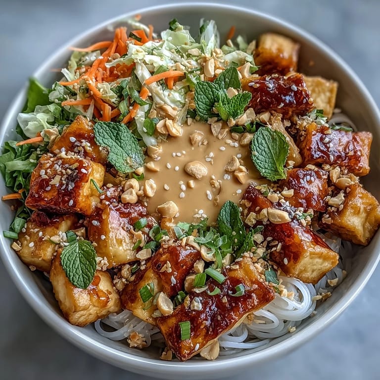 Deconstructed Asian spring roll bowl with crisp veggies, tofu, and creamy peanut sauce for a healthy, satisfying meal.