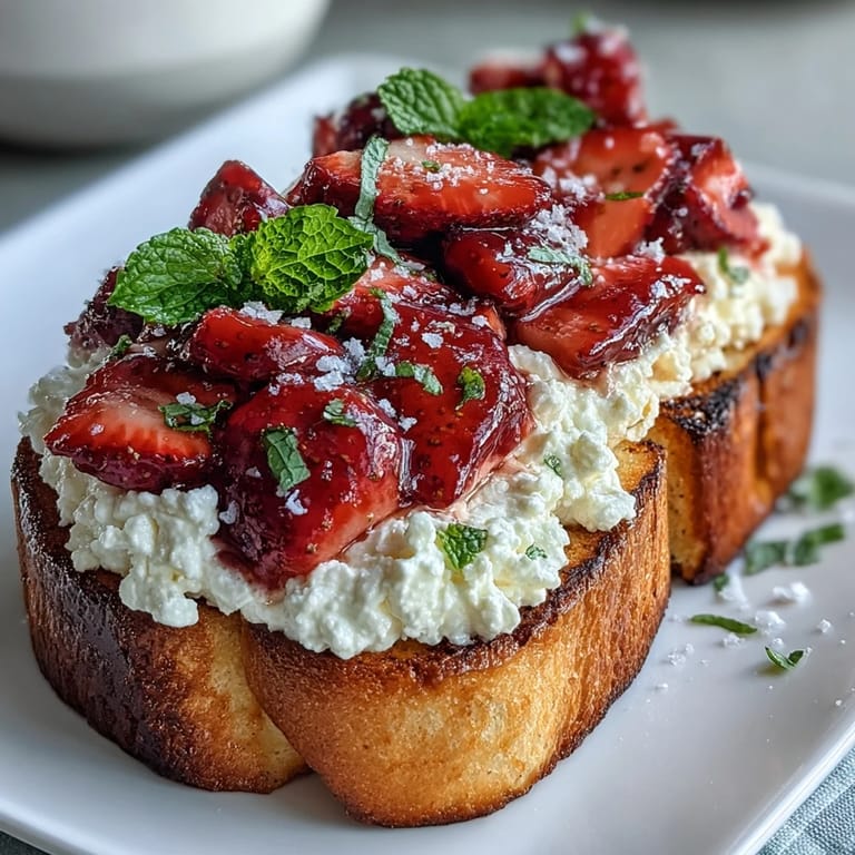 Golden sourdough toast topped with lemon-zested ricotta, juicy strawberries, and a hint of mint for a refreshing Galentines treat.