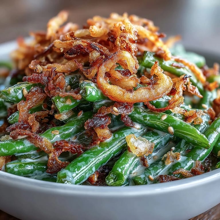 Fresh green beans sautéed with aromatic garlic and toasted sesame, finished with a crunchy fried onion topping.  