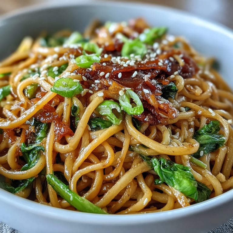 Flavorful Asian-inspired noodles with ginger, garlic, and scallions, served with tender greens for a fresh, balanced vegetarian meal.