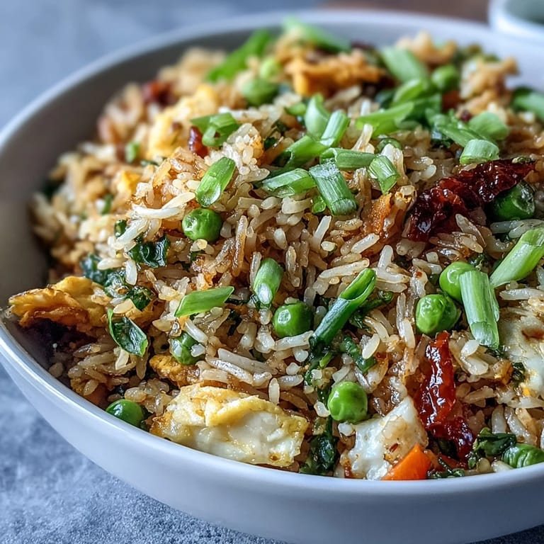 Golden fried rice loaded with crisp vegetables and tender peas, seasoned with soy sauce and sesame oil for rich flavor.