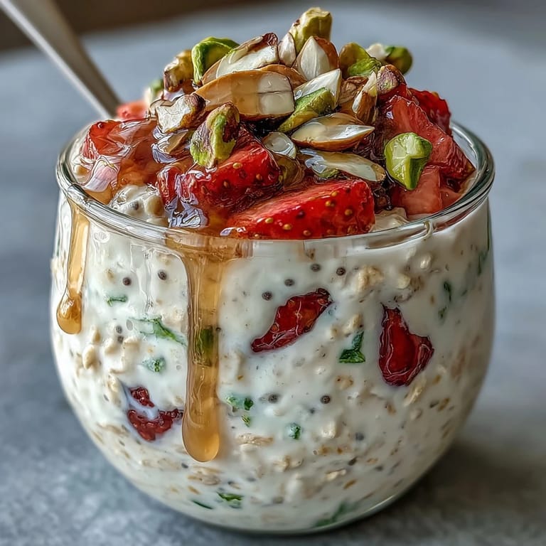 Wholesome overnight oats with Greek yogurt and chia seeds, garnished with bright strawberries, green pistachios, and a honey drizzle for natural sweetness.