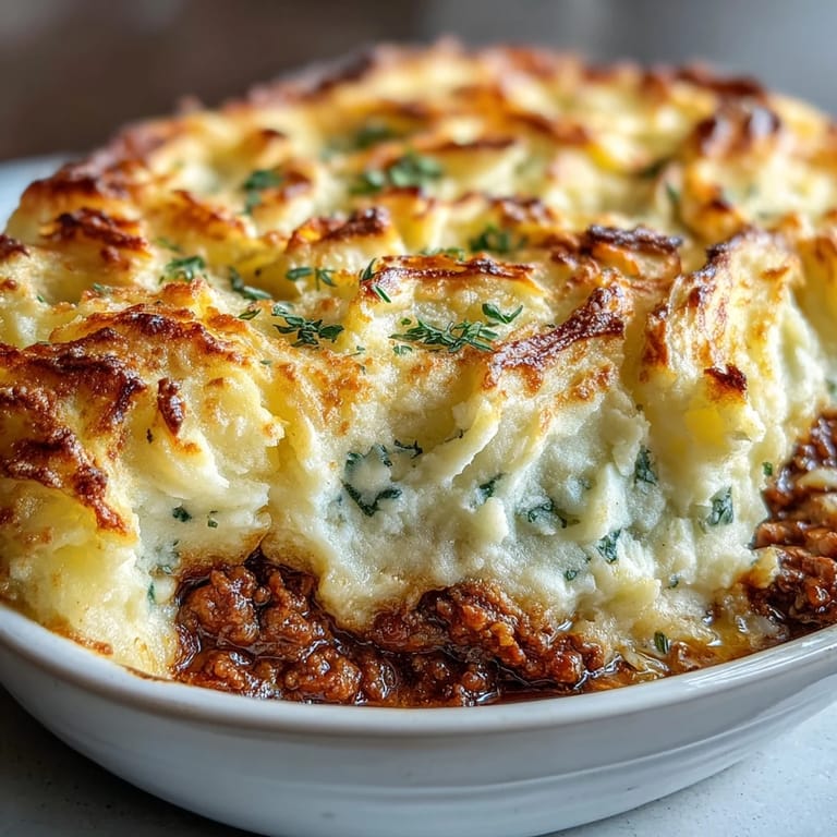 Hearty Turkey Shepherds Pie featuring lean ground turkey, vegetables, and a light cauliflower-potato topping baked to perfection.