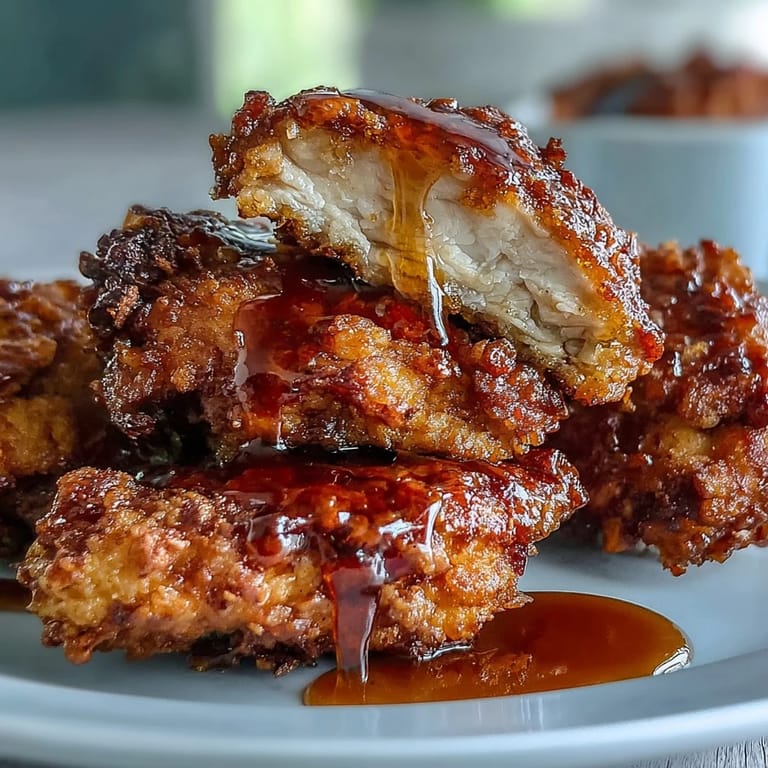 Juicy, oven-baked chicken with a crunchy cornmeal coating, finished with a sweet and spicy hot honey glaze.