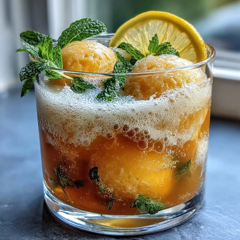 Refreshing Limoncello Sorbet Floats with Sparkling Lemon Water: tangy sorbet, limoncello liqueur, and effervescent lemon water, garnished with fresh mint.