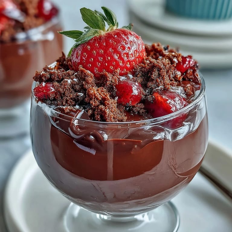 Elegant chocolate cups layered with strawberry cream and spiced Lotus Biscoff crumble, inspired by Dubai's sweet traditions.