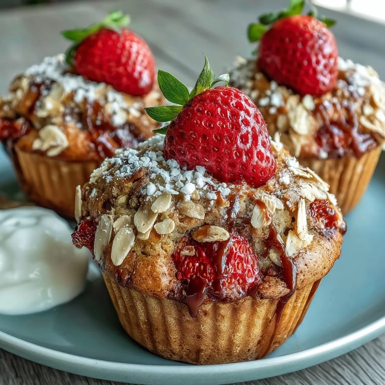 Wholesome strawberry muffins featuring creamy Greek yogurt and hearty oats, ideal for a nutritious breakfast or snack.  