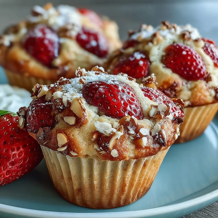 Moist strawberry muffins with Greek yogurt and oats, topped with golden oats and bursting with fresh berry flavor.