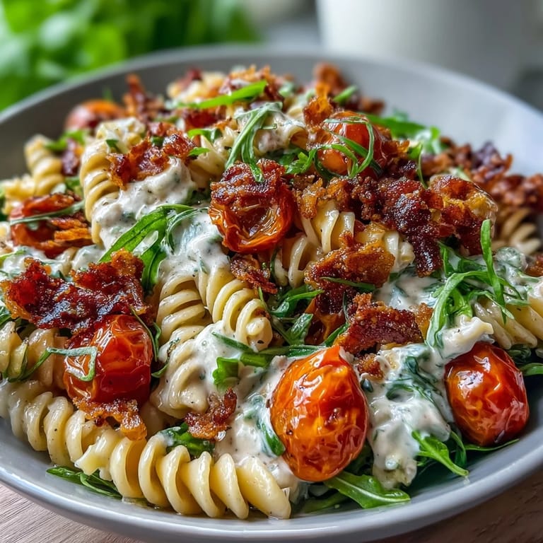 A hearty BLT Pasta Salad with Bacon and Avocado features tender pasta, smoky bacon, and ripe avocado in a tangy dressing.