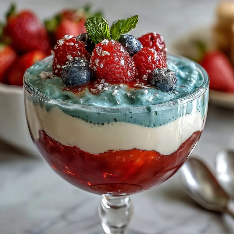 Layered gelatin cups in classic American colors, topped with whipped cream and fresh berries for a festive July treat.
