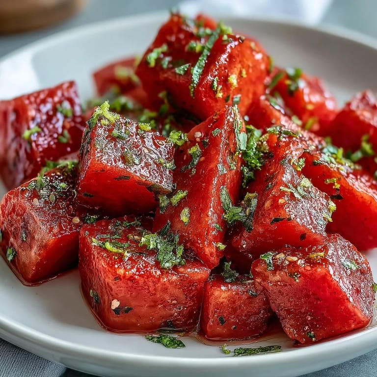 Cool watermelon slices sprinkled with Tajin and drizzled with lime, offering a juicy, spicy-sweet flavor perfect for hot days.