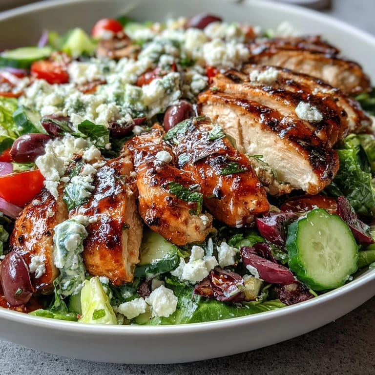 Colorful Greek Salad Bowl with Grilled Chicken, topped with tangy feta, Kalamata olives, and a zesty lemon-oregano dressing for a satisfying, protein-packed meal.