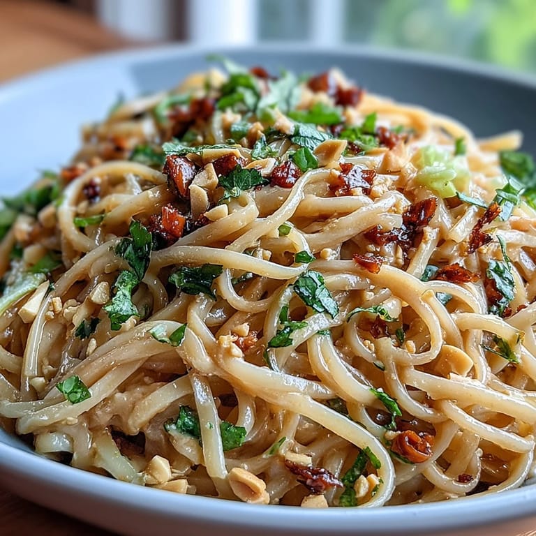 Vibrant rice noodles mingle with crunchy carrots, bell peppers, and cucumber in a bold Thai peanut dressing.