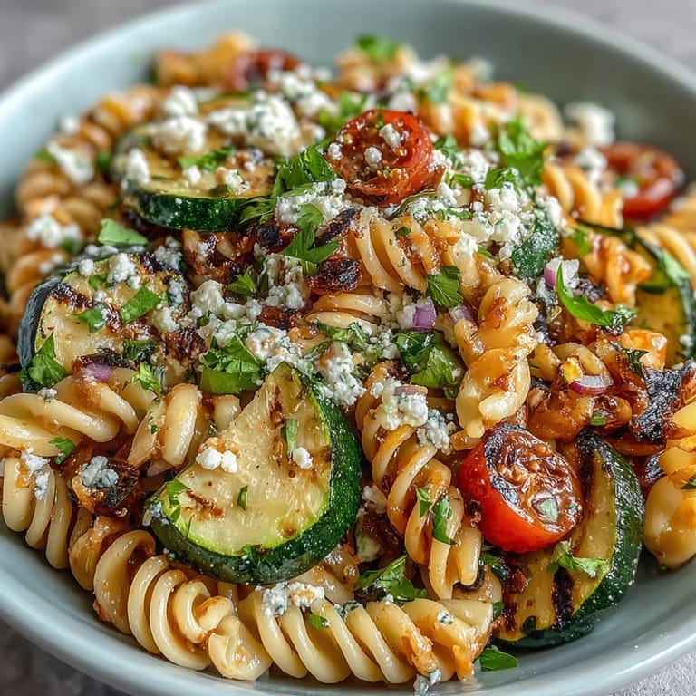 Summer pasta salad loaded with smoky grilled zucchini, corn, and creamy Cotija.