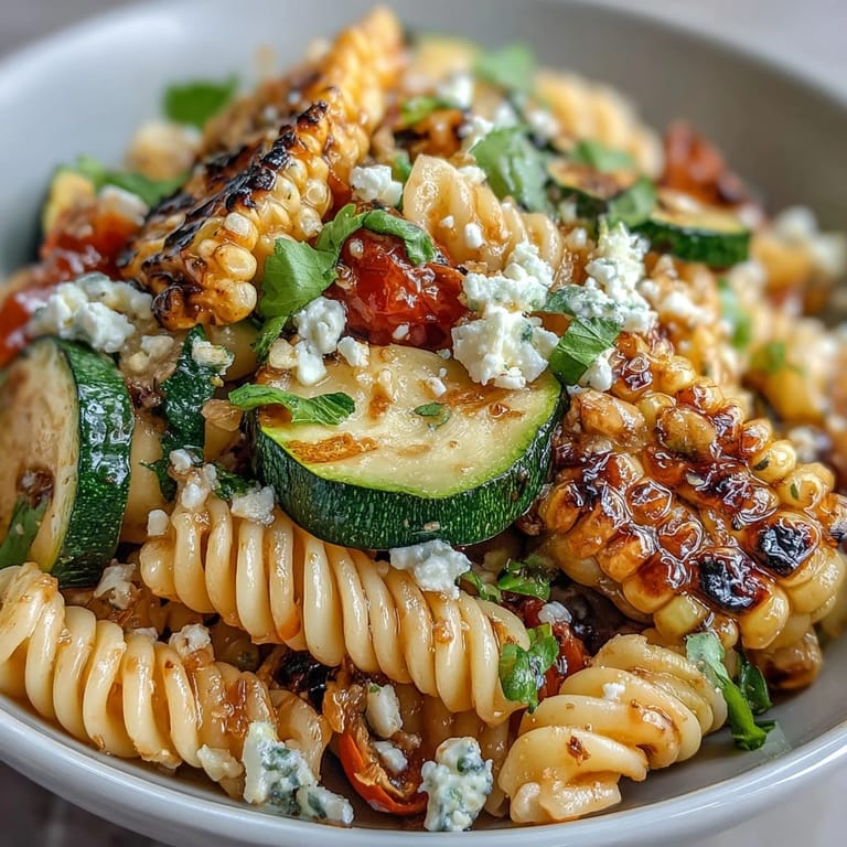 Colorful pasta salad featuring charred zucchini, corn, lime dressing, and Cotija.