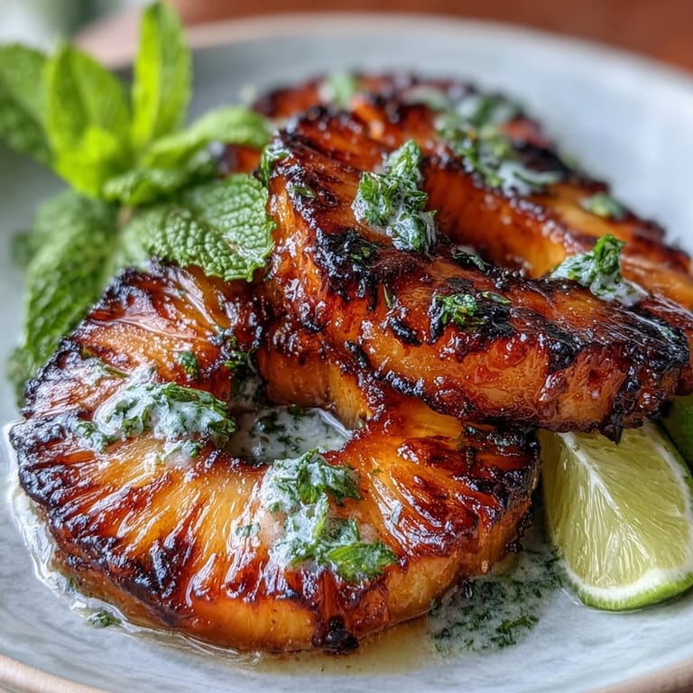 Tropical dessert: sweet grilled pineapple topped with spicy citrus butter and fresh mint.