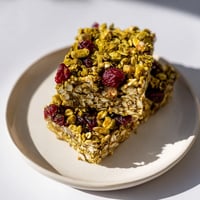 Golden-topped Matcha Cranberry Oat Crumble Breakfast Bars, a wholesome treat with a cranberry filling.