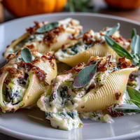 Golden, bubbling Pumpkin & Gouda Stuffed Shells in creamy brown butter Alfredo sauce, garnished with crispy sage leaves.