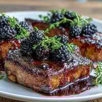 Juicy Bourbon Blackberry Pork Chops glazed and served hot with fresh blackberries and a sprig of thyme.