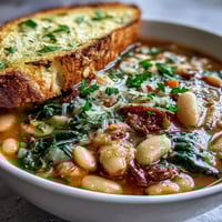 Hearty Tuscan white bean soup with fresh vegetables and herbs, served with golden, garlicky bread slices for dipping.  